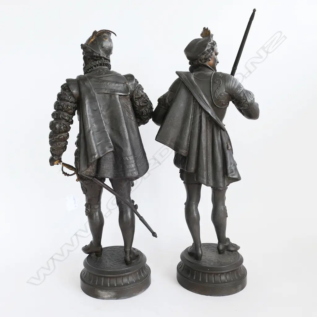 PR FRENCH CAVALIER SPELTER STATUES; 'La Tremouille' & 'De Guise' H.610mm Image 1++