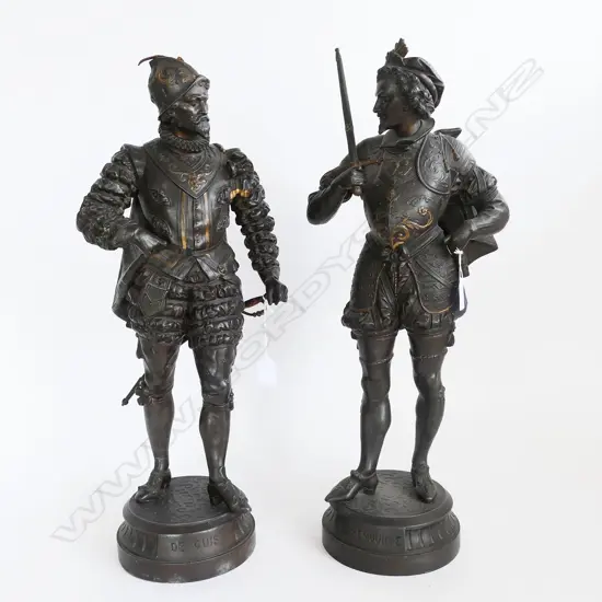 PR FRENCH CAVALIER SPELTER STATUES; 'La Tremouille' & 'De Guise' H.610mm