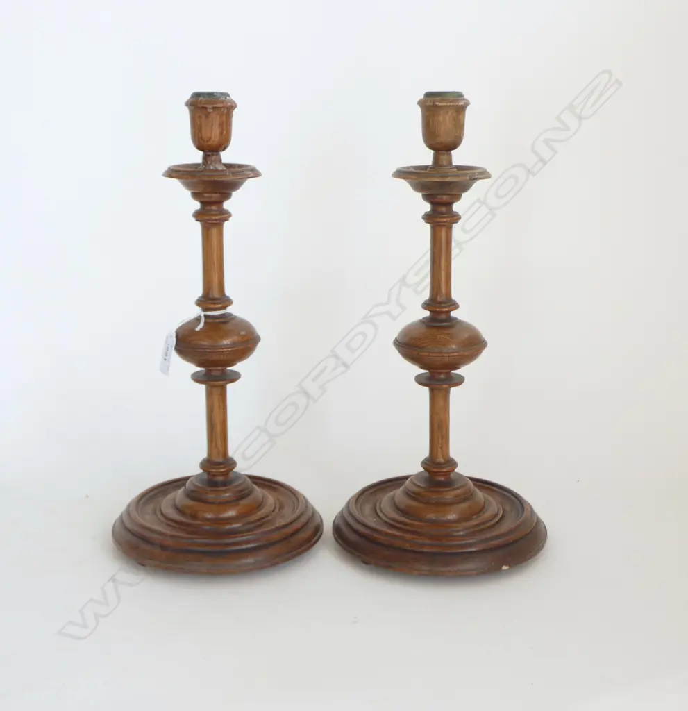 PR VINTAGE TURNED OAK CANDLESTICKS H.375mm, 175mm dia weighted lead bases Image 1++