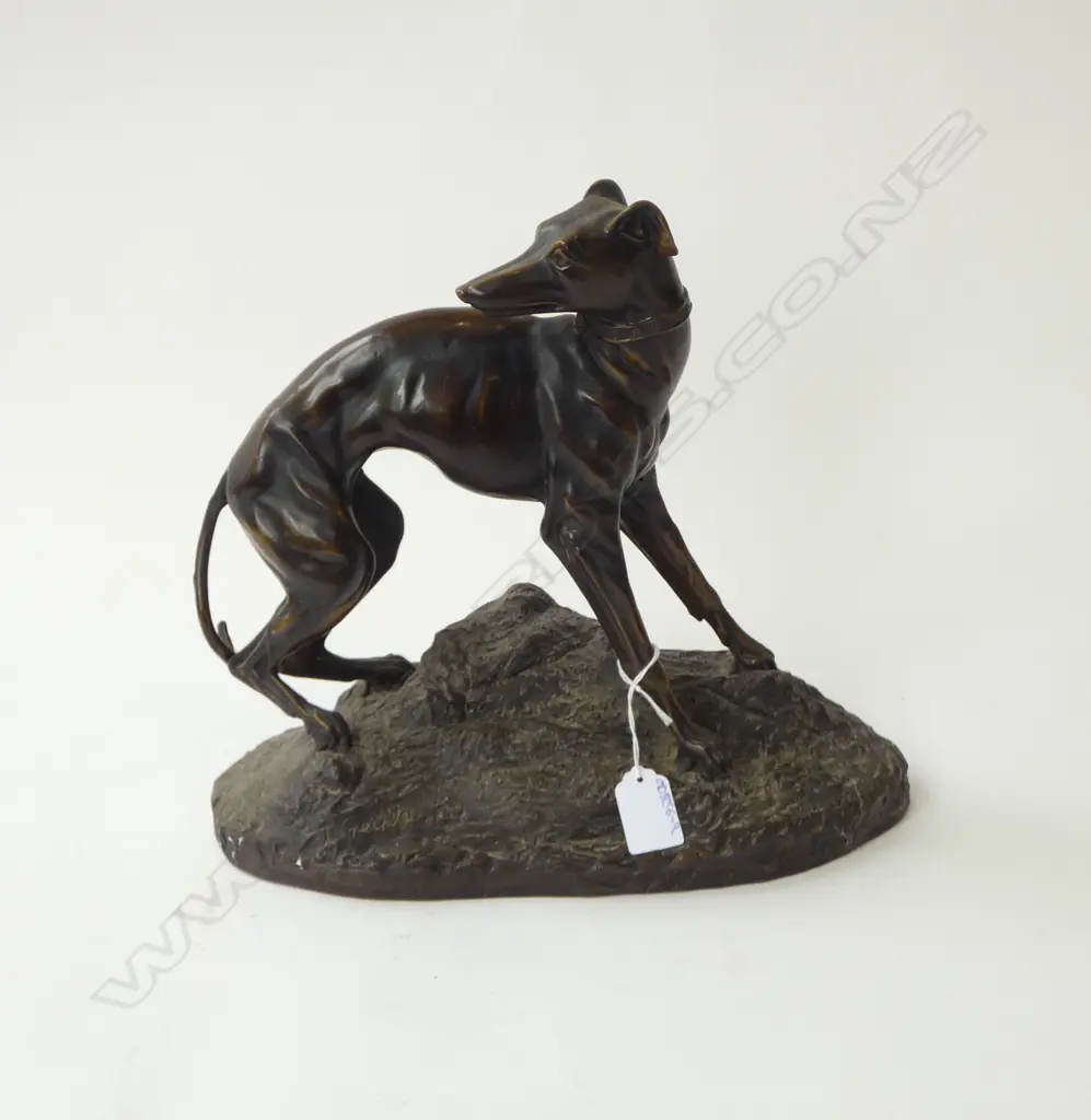 BRONZE GEYHOUND FIGURE AFTER JEAN-FRANCOIS THEODORE GECHTER; ON BRASS BASE, W.350mm Image 1++