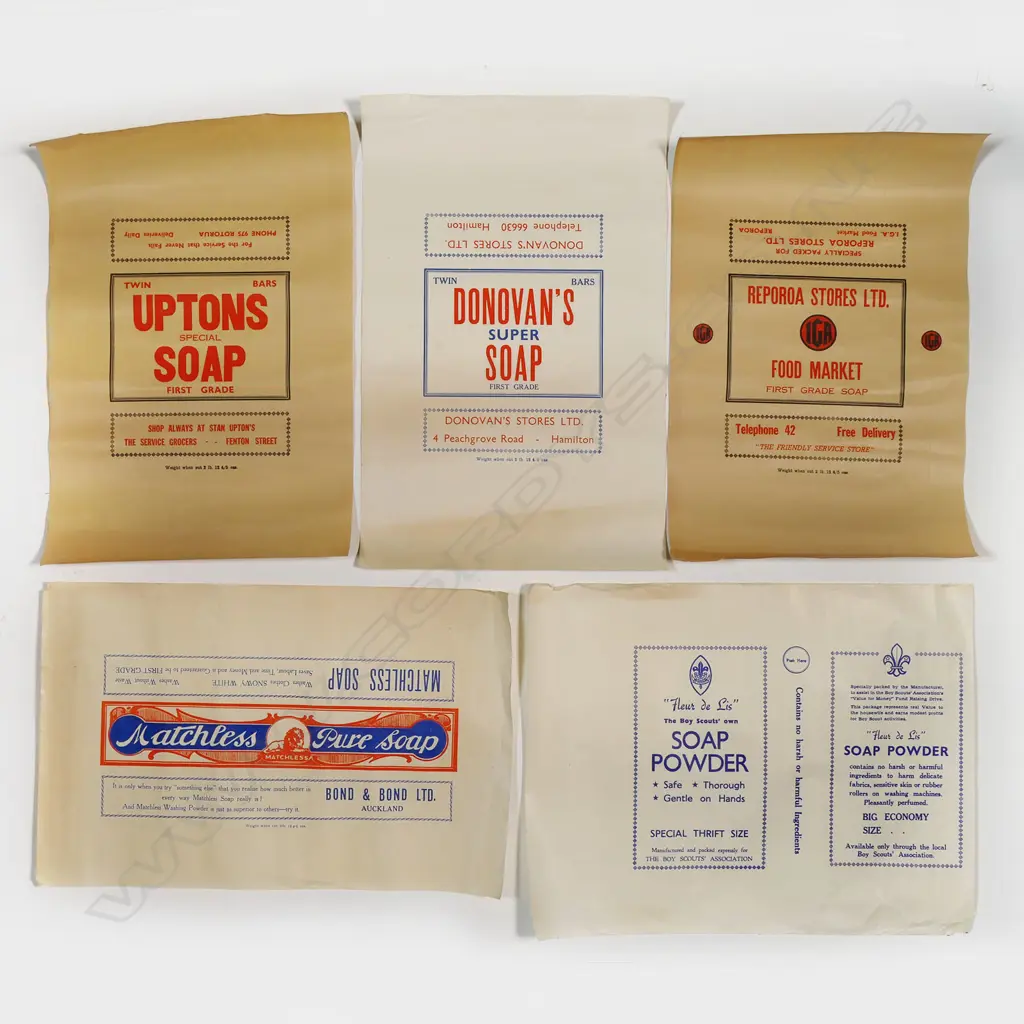 5 OLD ADVERTISING SHEETS/POSTERS 4 x soap: Matchless + Boys Scouts + 'Uptons'. & Reporoa Stores 440 x 300mm approx Image 1++