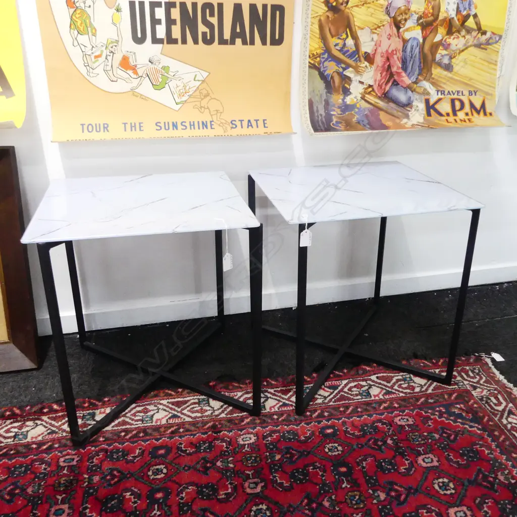 PR MODERN 'MARBLE' GLASS TOP SIDE TABLES 450x450x500mm Image 1++