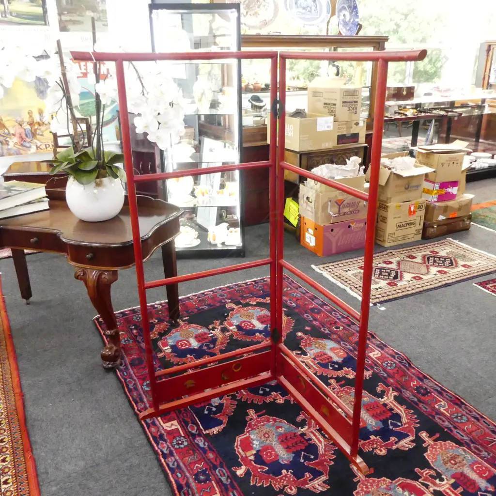 VINTAGE JAPANESE RED LACQUER FOLDING CLOTHES STAND W.1500mm H.1540mm Image 1++