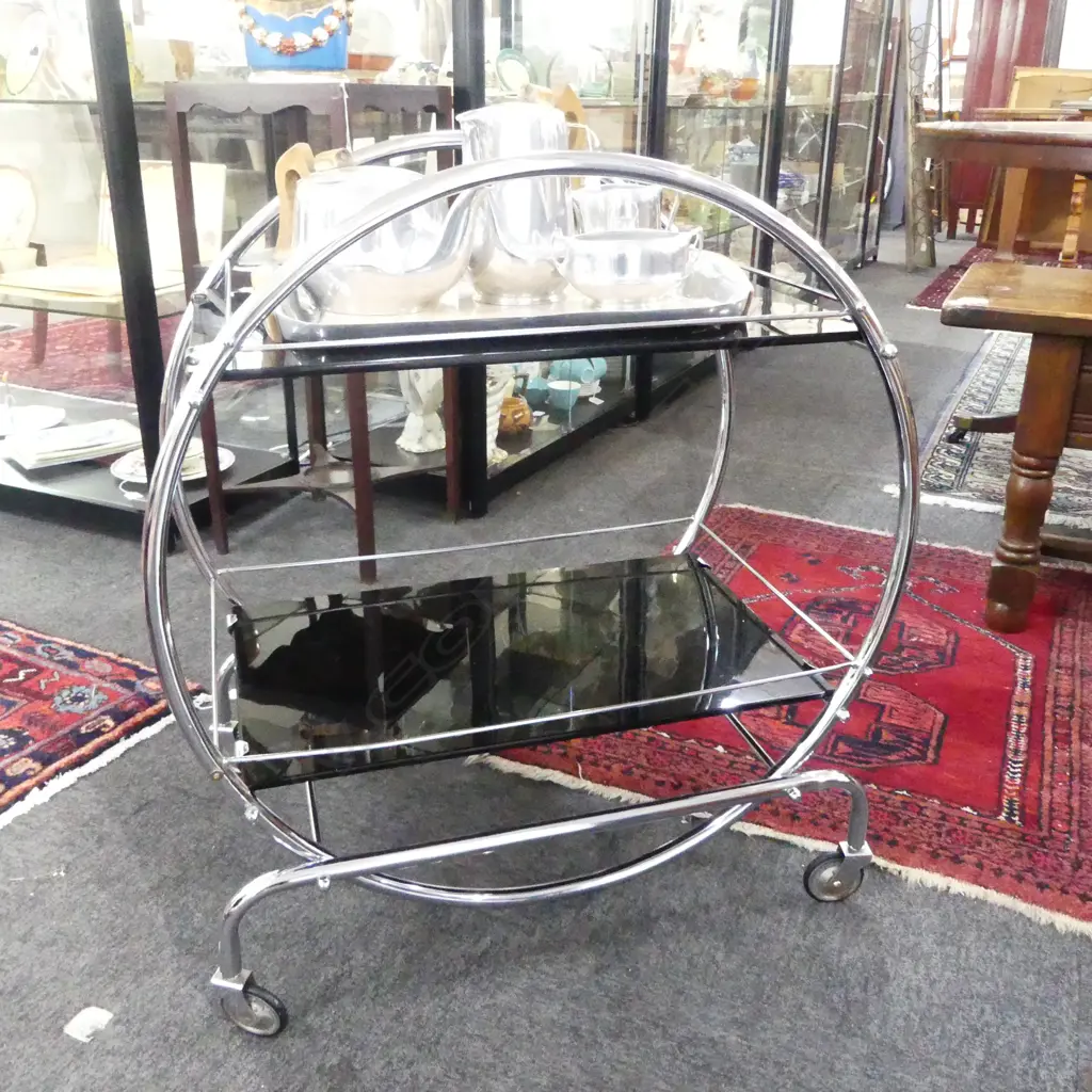 DECO CHROME & BLACK GLASS DRINKS TROLLEY W.665mm Image 1++
