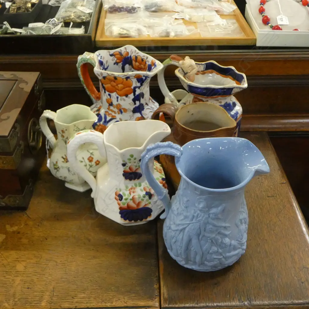 6 ANTIQUE JUGS; MASON TYPE IRONSTONE ETC H.190mm Image 1++