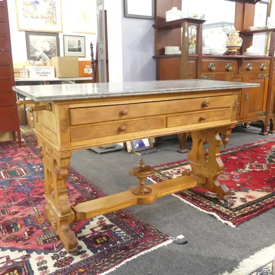 VICTORIAN PINE GREEN MARBLE TOPPED PASTRY TABLE, STRETCHER BASE 1150x510x770mm