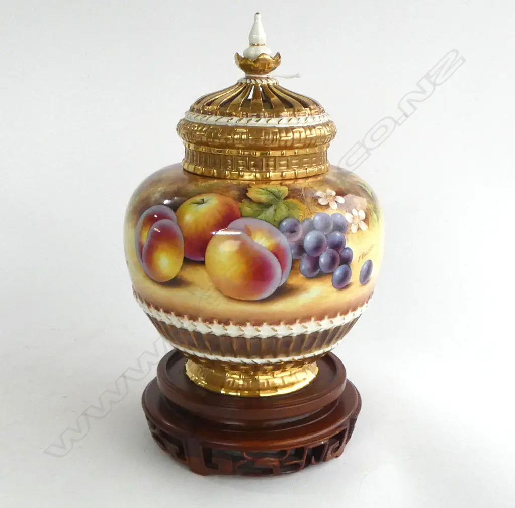 MODERN ROYAL WORCESTER HANDPAINTED LIDDED POTPOURRI ON STAND, by J. BOWMAN, H.315mm Image 1++