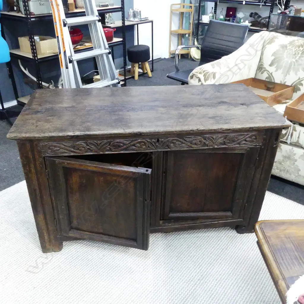 ANTIQUE OAK COFFER CONVERTED INTO A CUPBOARD 1255x590x700mm Image 1++