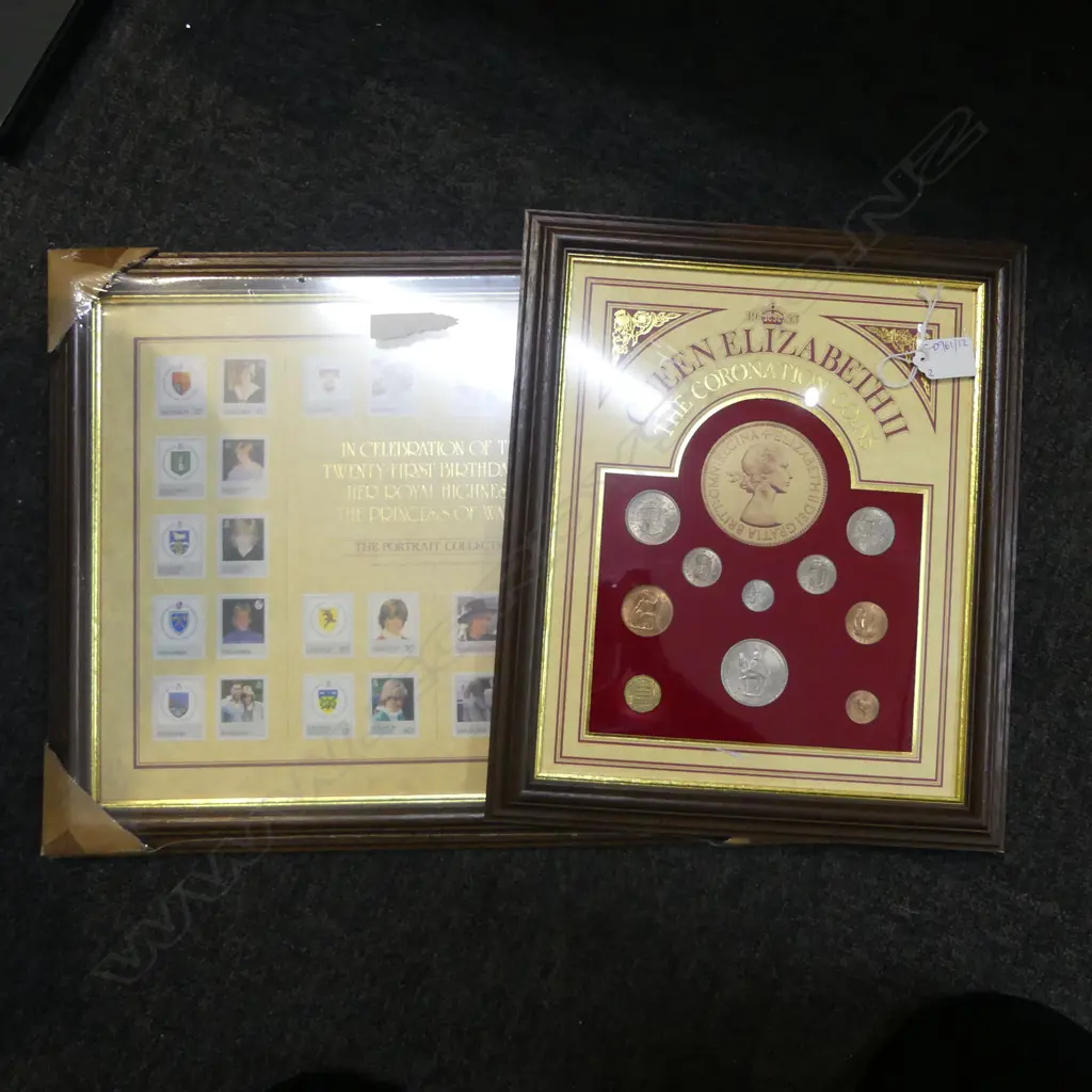 2 FRAMED SETS; QEII CORONATION COINS, DIANA 21st BDAY STAMPS Image 1++