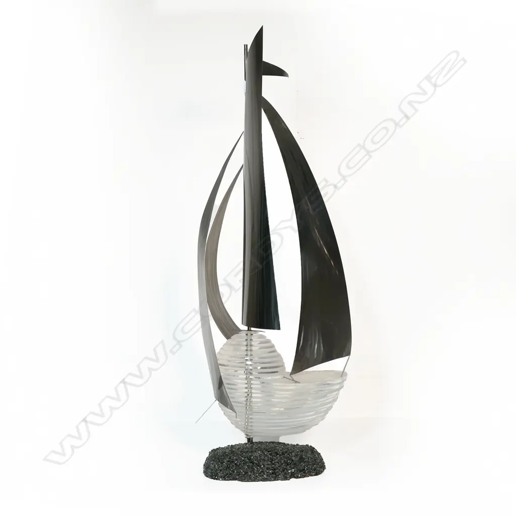 ABSTRACT SAIL BOAT MODEL BY J G BORROWS, CHIPPED STONE BASE, H.1200mm Image 1++