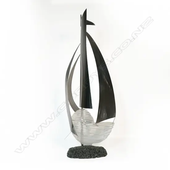 ABSTRACT SAIL BOAT MODEL BY J G BORROWS, CHIPPED STONE BASE, H.1200mm