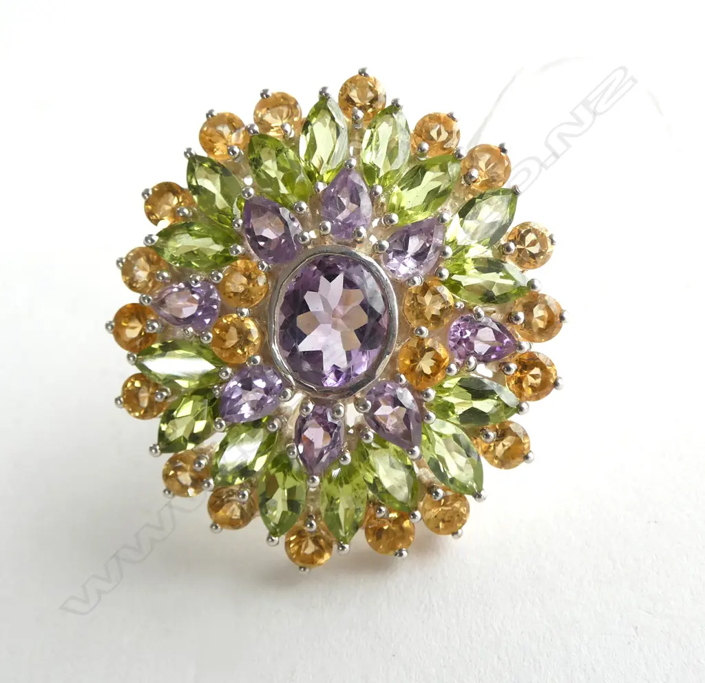 X LRG SILVER SET PERIDOT, AMETHYST & CITRINE RING, 40 x 35mm Image 1++