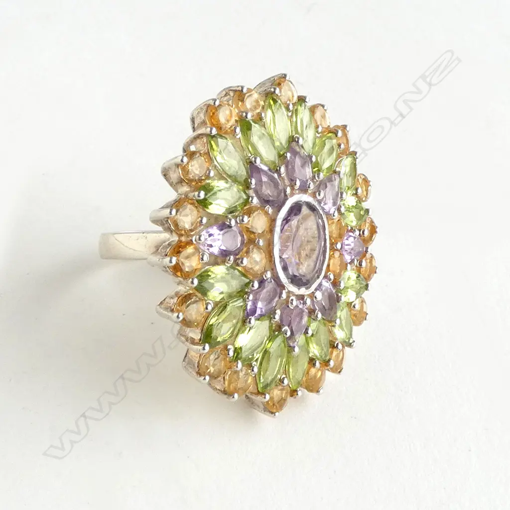 X LRG SILVER SET PERIDOT, AMETHYST & CITRINE RING, 40 x 35mm Image 1++