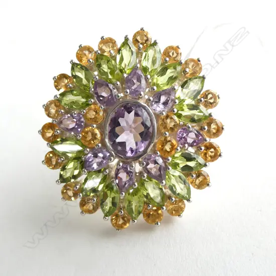 X LRG SILVER SET PERIDOT, AMETHYST & CITRINE RING, 40 x 35mm