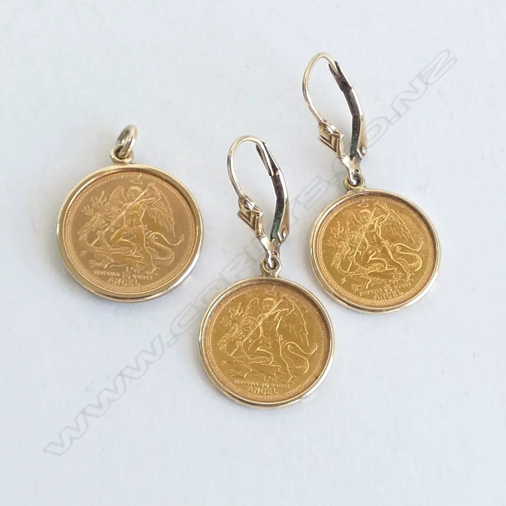 PR 22CT EARRINGS & PENDANT; 1986 ISLE OF MAN 1/20 ARCHANGEL MICHAEL IN 9CT FINDINGS 7.8grms Image 1++