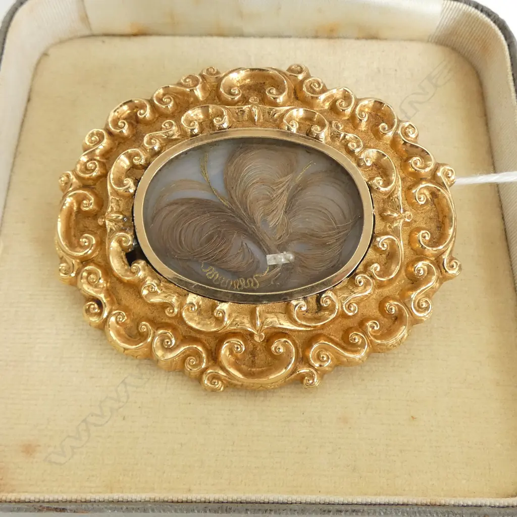 A GOOD LGE 19thC ROLLED GOLD MOURNING BROOCH, engraved & dated 1850, W.65 x 50mm, valuation avail. $1500 Image 1++