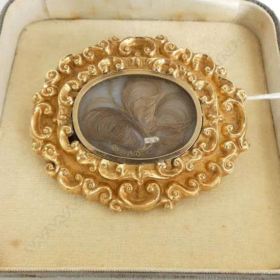 A GOOD LGE 19thC ROLLED GOLD MOURNING BROOCH, engraved & dated 1850, W.65 x 50mm, valuation avail. $1500