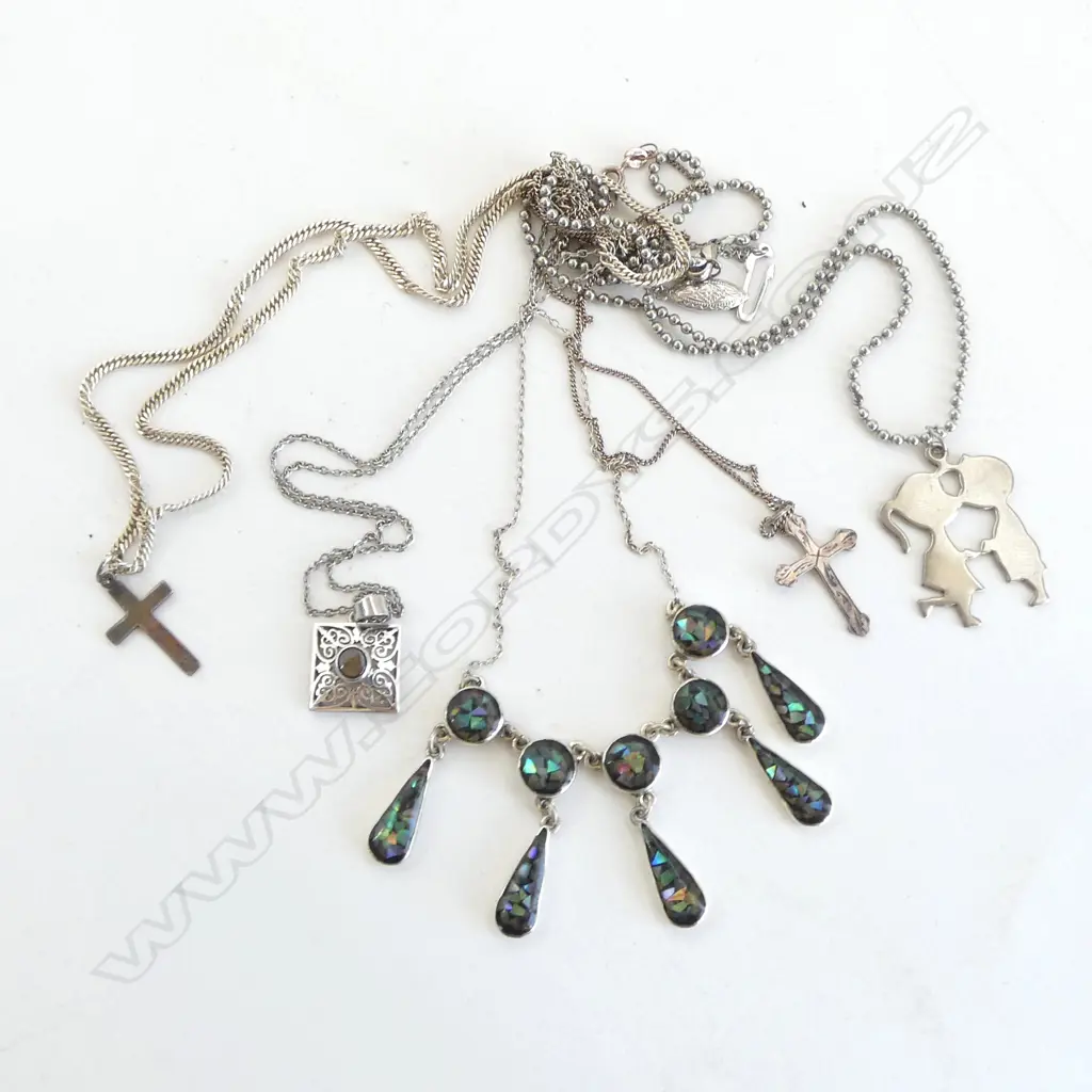 5 SILVER NECKLACES Incl. 2 STG SILVER CROSS & SILVER N.Z. PAUA etc Image 1++