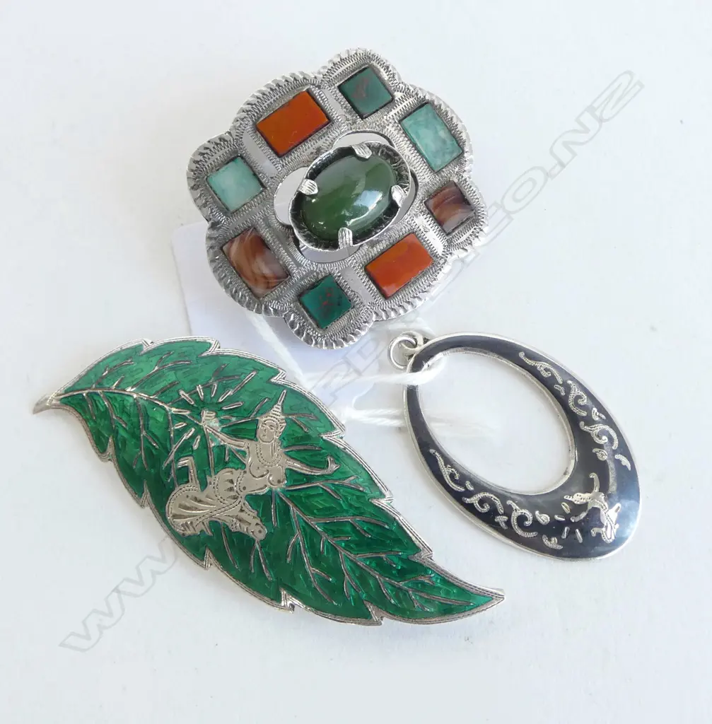 VINTAGE STG SILVER SCOTISH WARD BROTHERS AGATE BROOCH, STG SILVER SIAMESE NIELLO BROOCH & PENDANT Image 1++