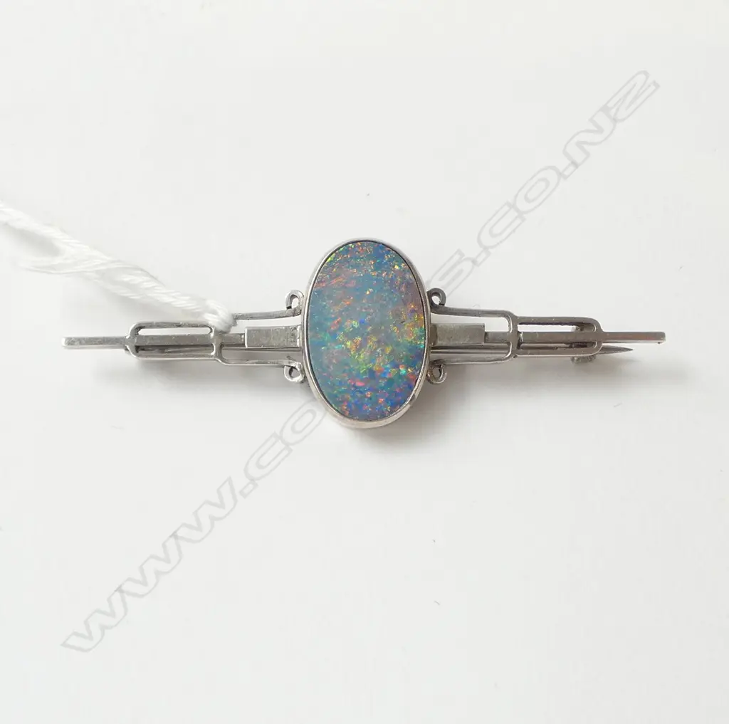 ART DECO SILVER AND OPAL DOUBLET BROOCH W.60mm Image 1++