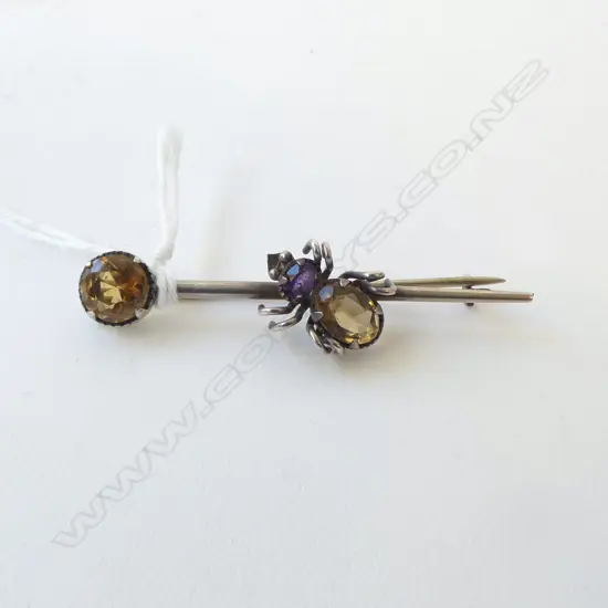 SILVER CITRINE & AMETHYST SPIDER BROOCH W.50mm