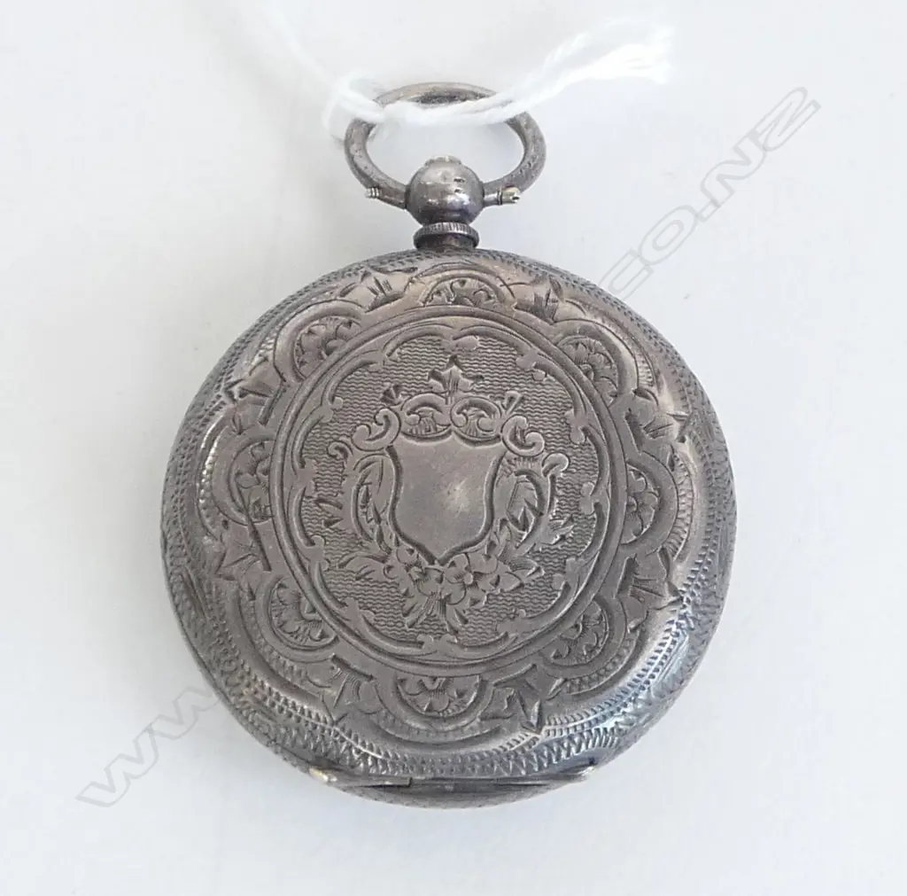 SILVER LATE 19thC ENGRAVED SILVER FOB WATCH open face mid size  Image 1++