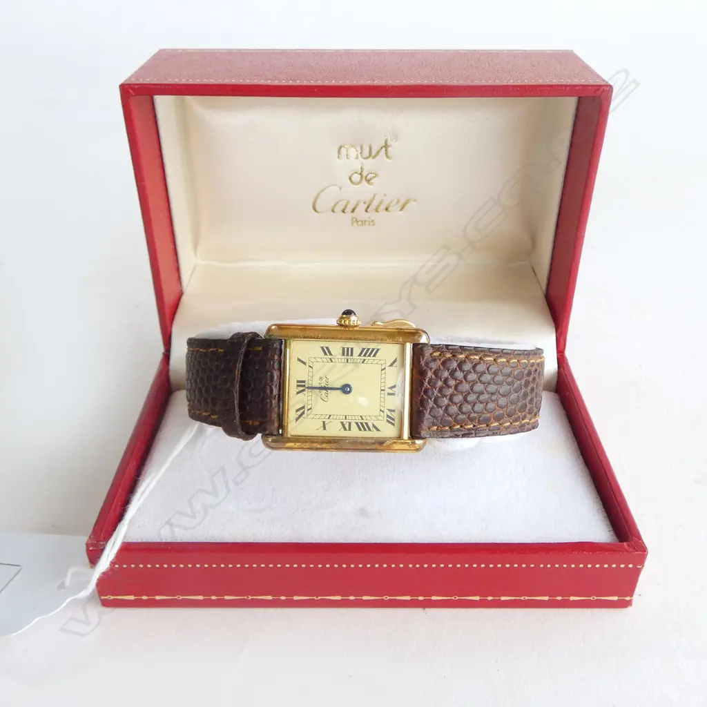 LADIES CARTIER WRISTWATCH, 925 GOLD PLATED (some discolouration to plate) original box and certificate of authentication Image 1++