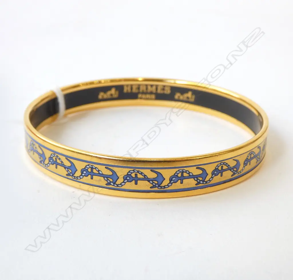 Vintage 1990's Hermes gold plate & Blue Anchor Bangle. Boxed. Blue repeating anchor & rope pattern size 6cm inside diam Image 1++