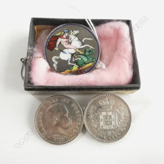 VICT SILVER & ENAMEL ST GEORGE BROOCH & SILVER COIN BROOCH 51G