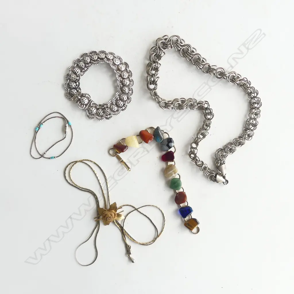 3 PC SILVER/ S.PLATE, VINTAGE ROSE LARIAT & SEMI PRECIOUS STONE BRACELET Image 1++