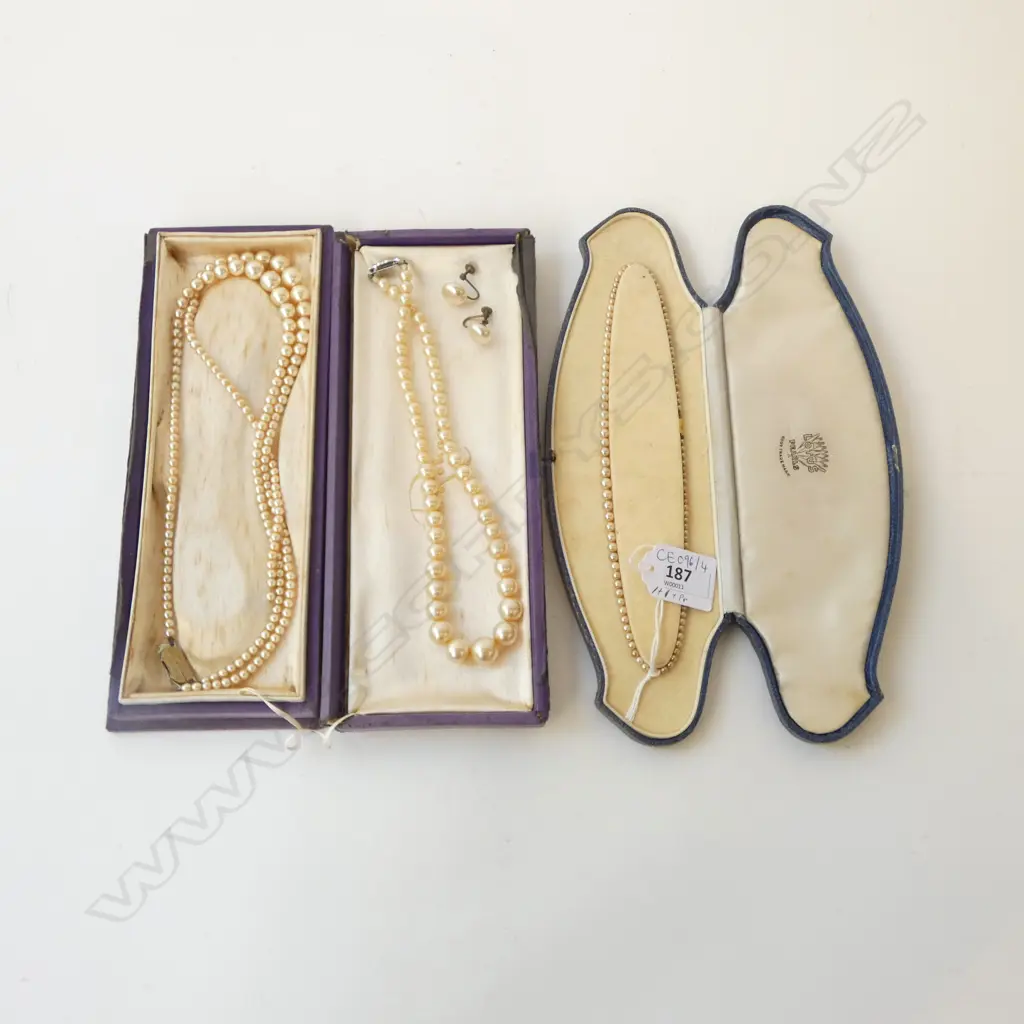 3 PEARL NECKLACES (2 COSTUME 1 AF) + PR EARRINGS, CASED Image 1++