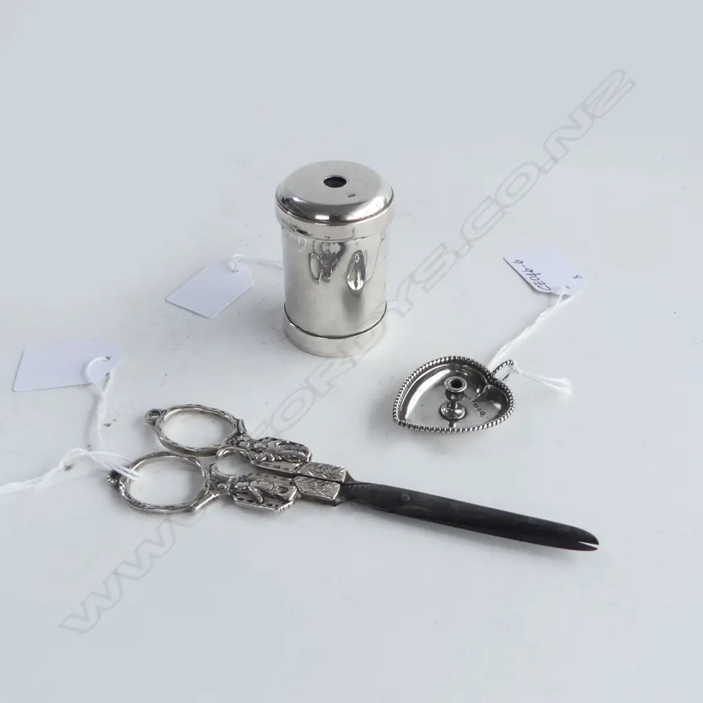 3 PCS SILVER; MINIATURE HEART SHAPED C/STICK, BIRM. 1887, CONTINENTAL SISSORS & MOD. PENCIL SHARPENER stamped, 111gm Image 1++