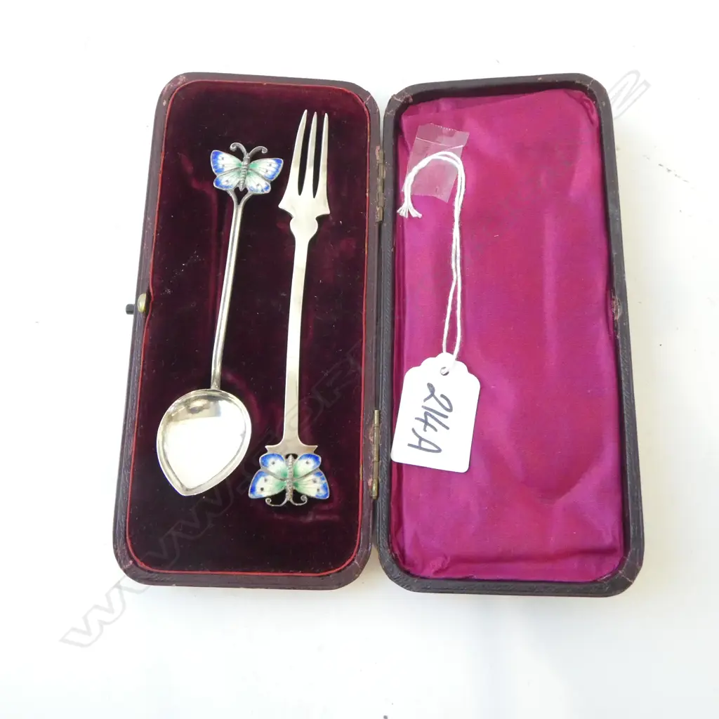 CASED STG SILVER & ENAMEL BUTTERFLY FORK & SPOON 28gms Image 1++