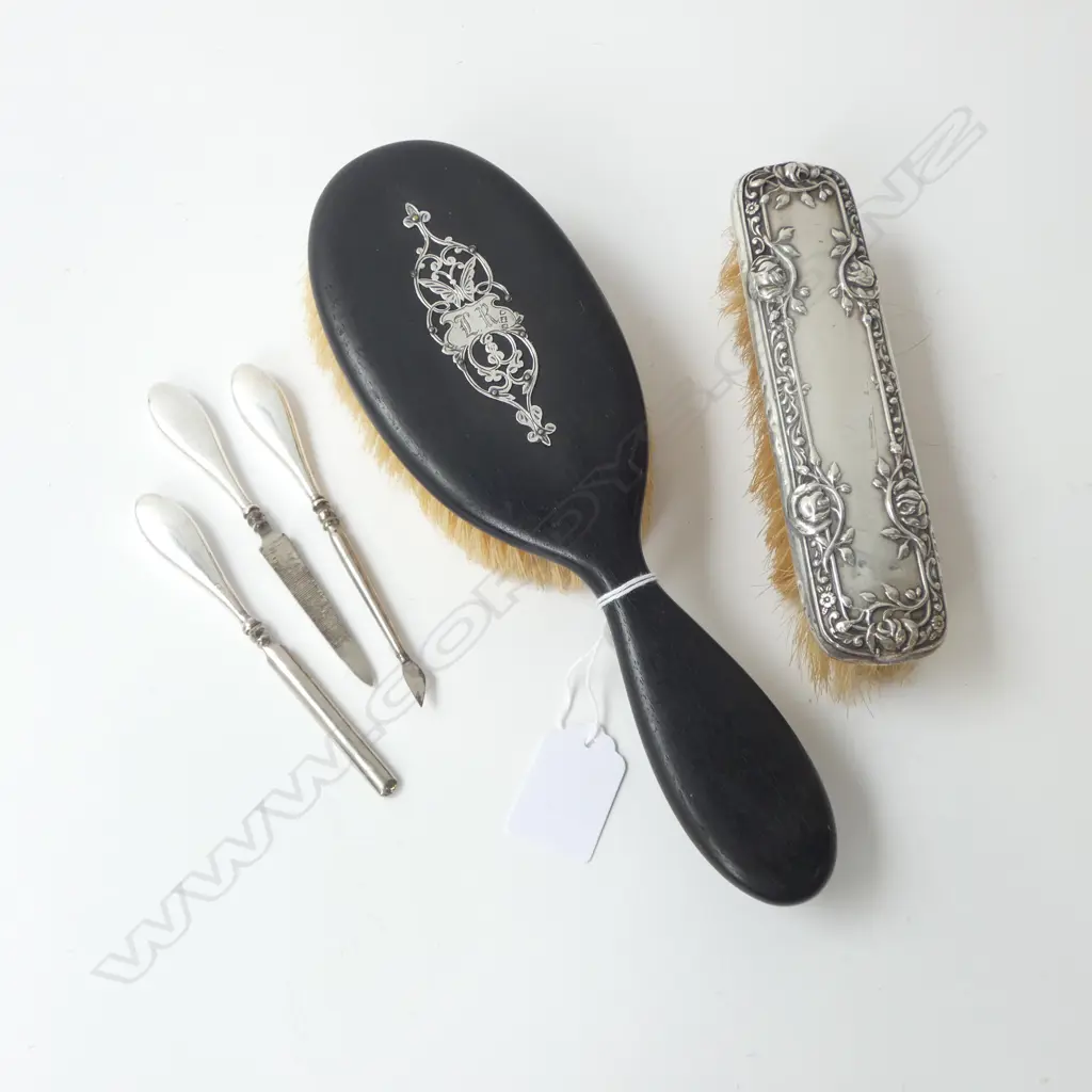 STG SILVER CLOTHES BRUSH, EBONY & STG BRUSH, & 3 STG MANICURE ITEMS LONDON 1908 ETC  Image 1++