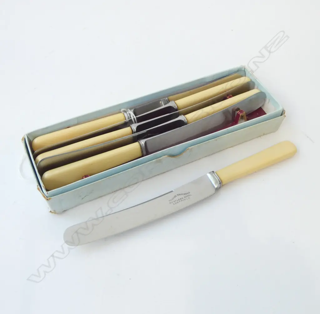 6 IVORINE 'BONE' HANDLED KNIVES, IN ORIG. BOX Image 1++