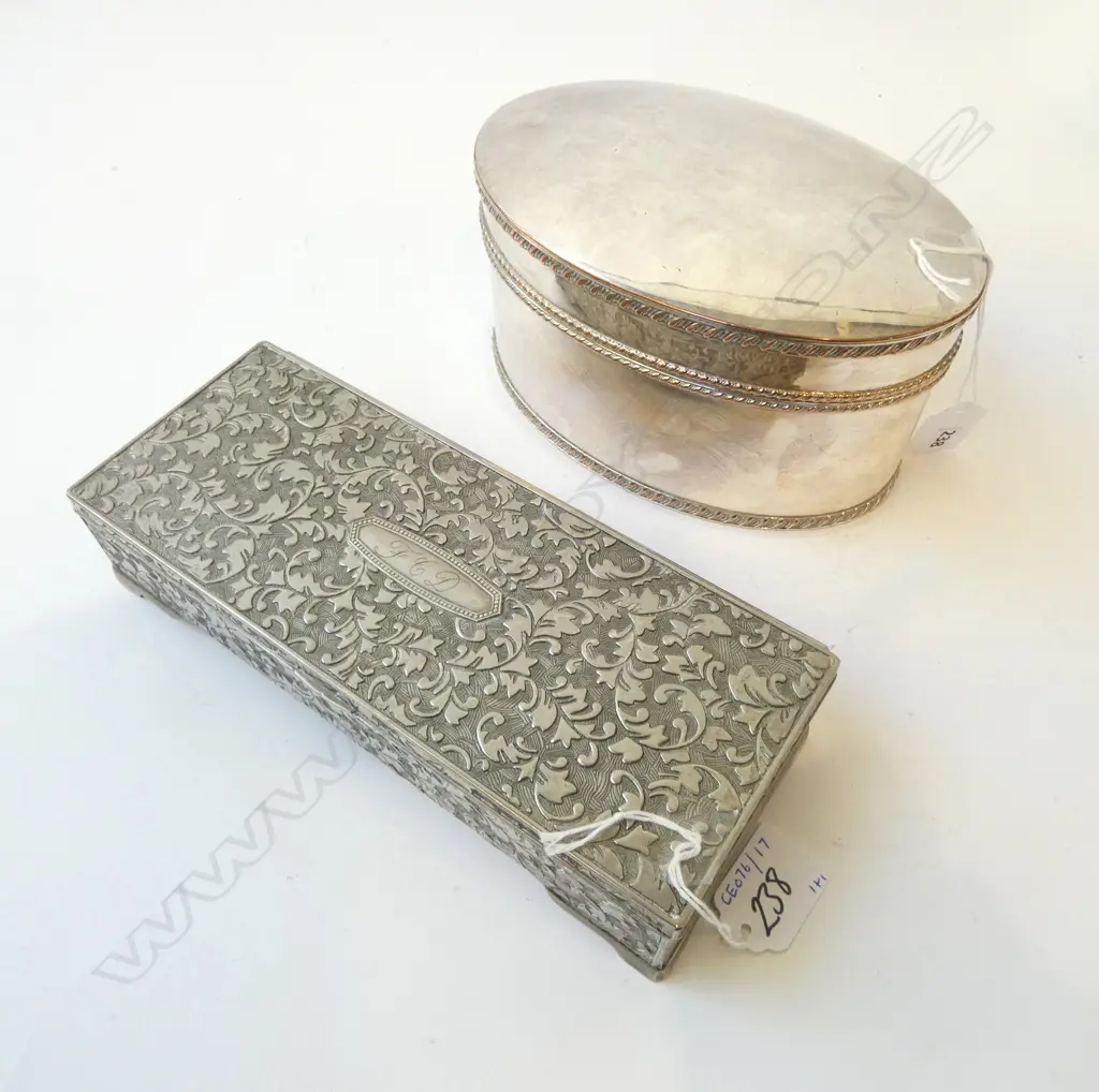 SHEFFIELD PLATE OVAL CASKET L180 & EMBOSSED JEWELLERY BOX L230MM Image 1++