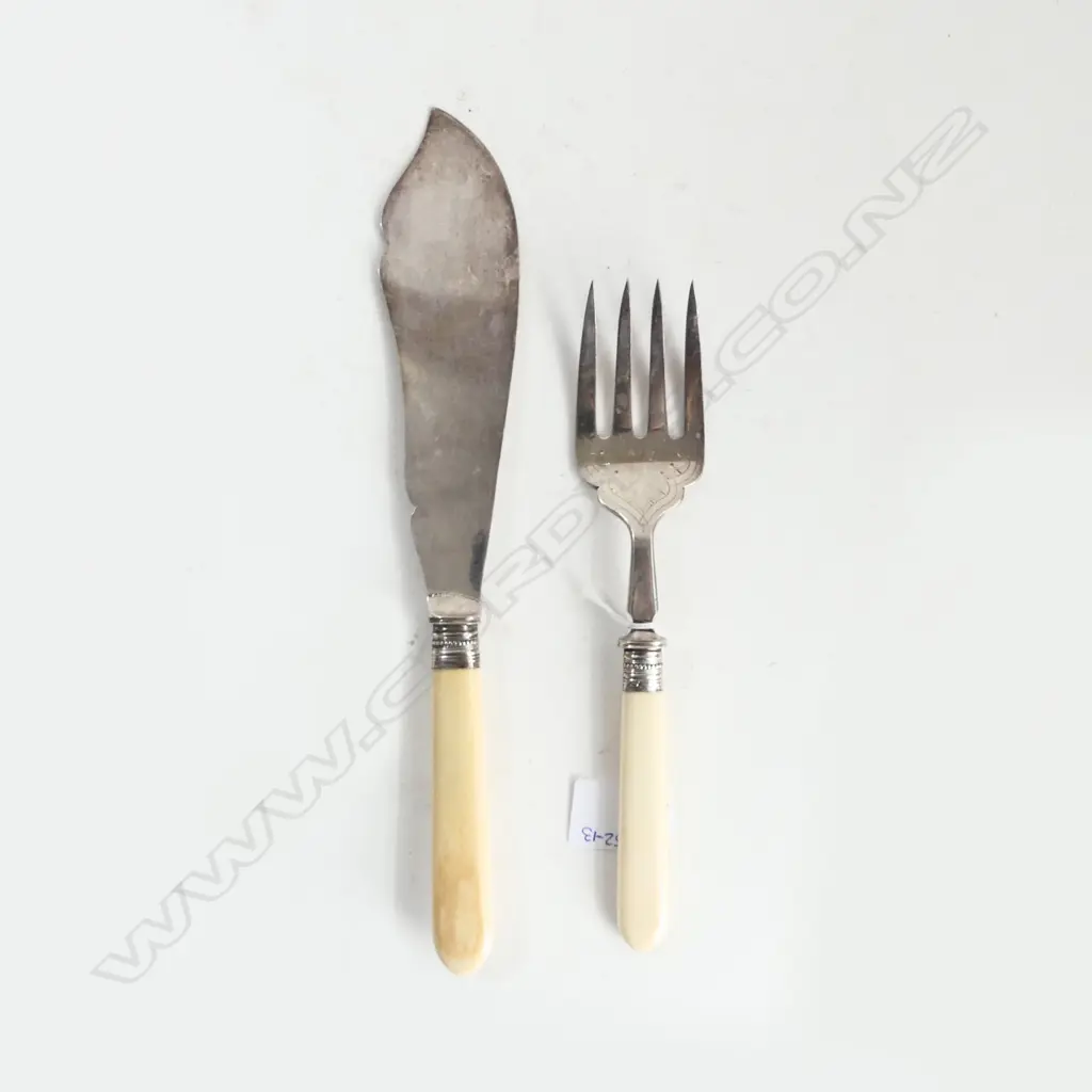 SILVER PLATE FISH SERVERS w. STG SILVER COLLARS (1909 & 12) w. IVORY HANDLES  Image 1++