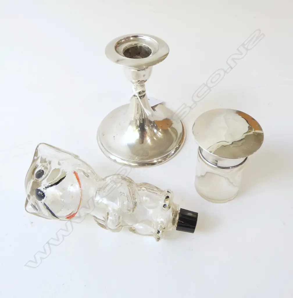 STG SILVER CANDLESTICK & LIDDED POT + BONZO PERFUME BOTTLE H.140mm Image 1++