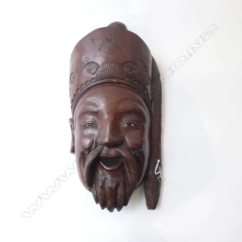 CHINESE HARDWOOD CARVED HAPPY FACED WALL MASK H380MM Image 1++