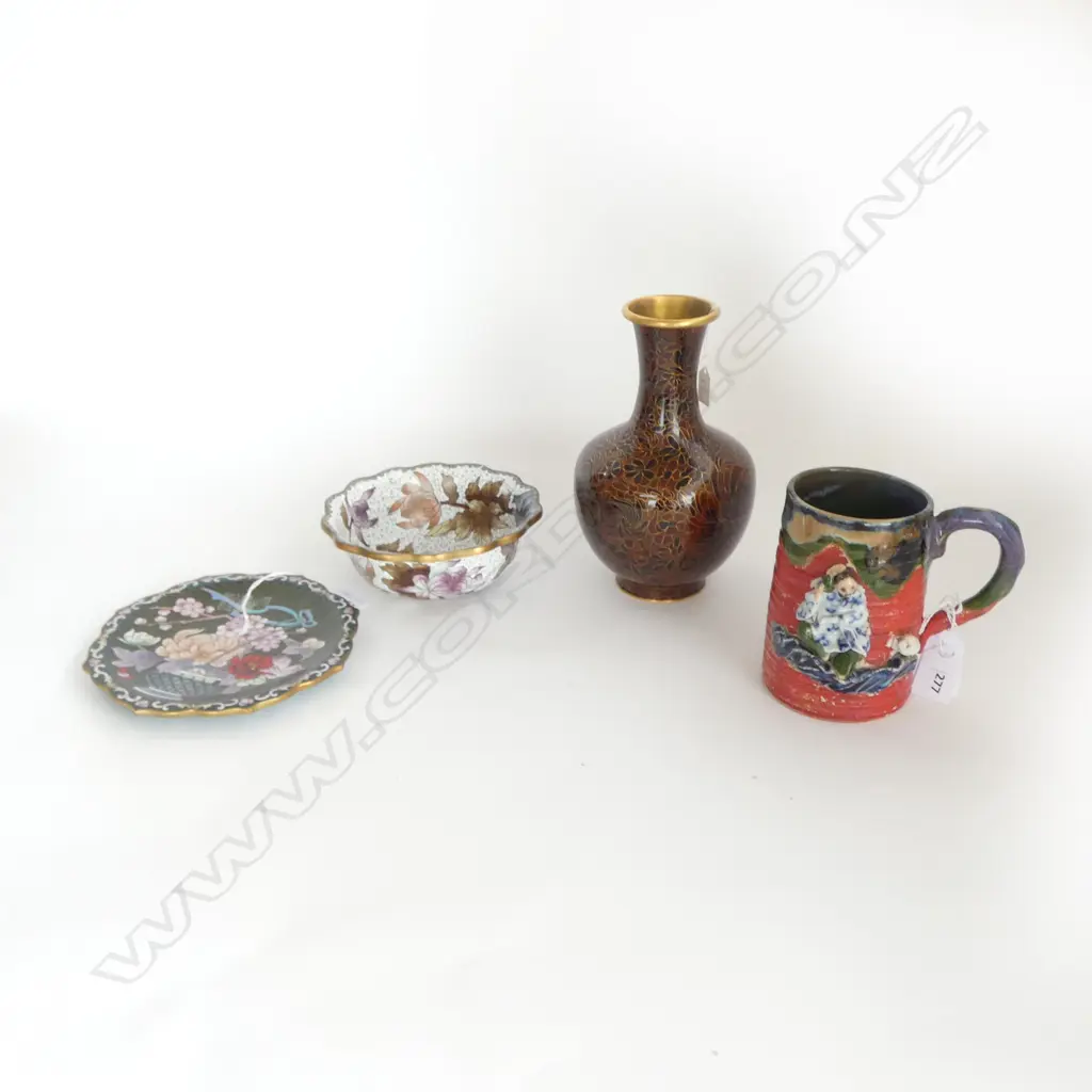 3 PCES CLOISONNE + SUMIDAGAWA H.130mm; VASE, BOWL & PLATE Dia.180mm Image 1++