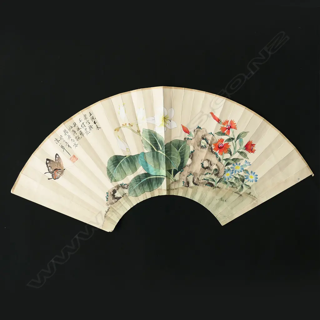Attributed Chen Xiaocui (1907-1967) HAND PAINTED CHINESE FAN 540 x 250mm floral design with butterfly Image 1++