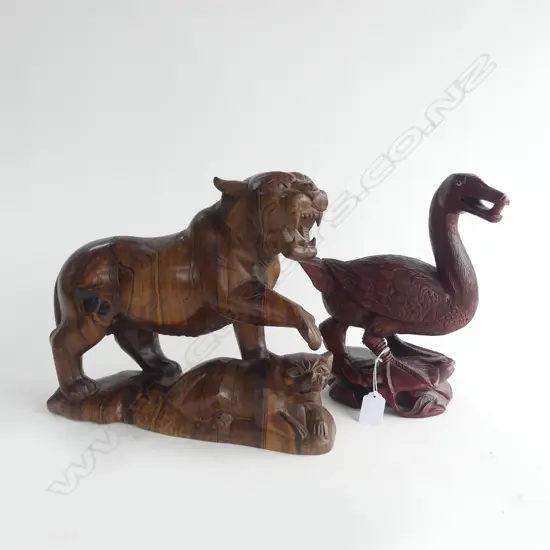 2 CARVED WOODEN ANIMALS; DUCK & LION H.260mm