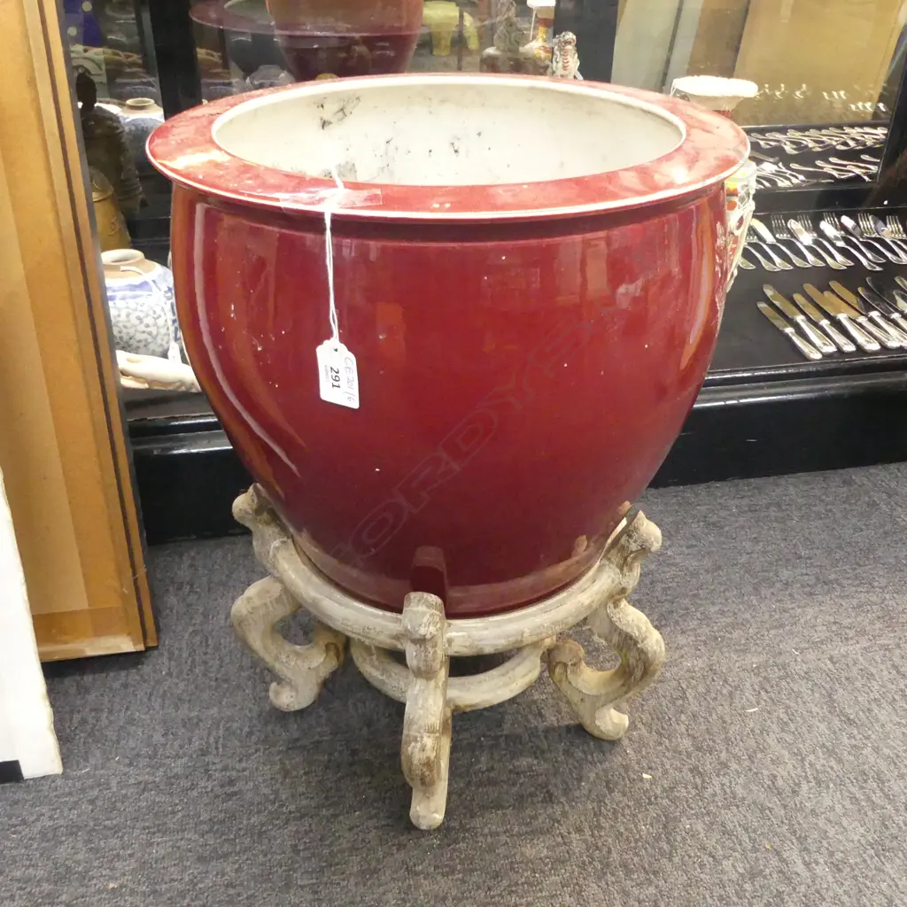 RED GLAZED PLANTER POT ON STAND H.490mm, 370mm dia Image 1++
