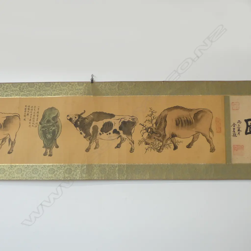 LONG CHINESE SCROLL PAINTING FIVE OXEN, 2400 x 340MM Image 1++