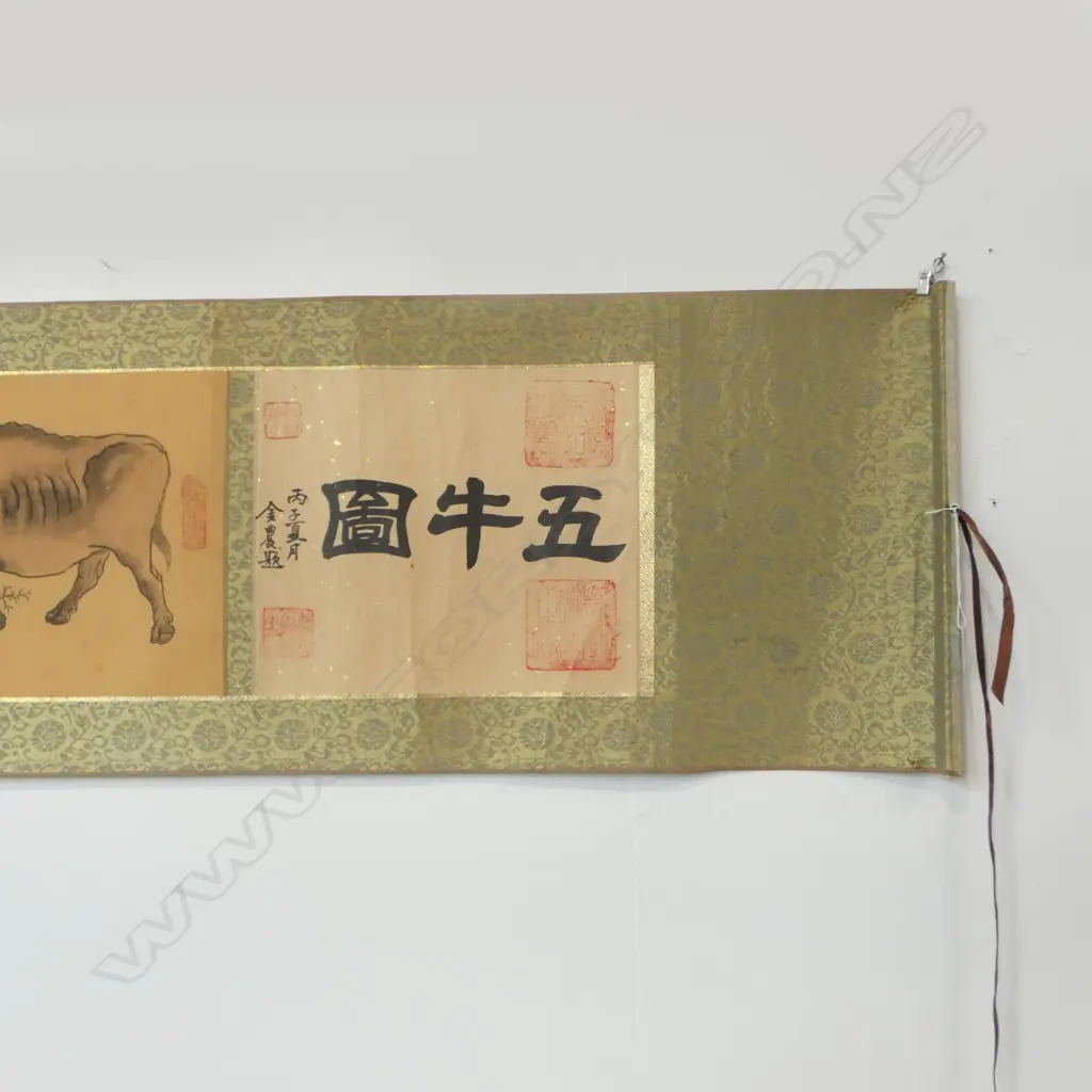 LONG CHINESE SCROLL PAINTING FIVE OXEN, 2400 x 340MM Image 1++