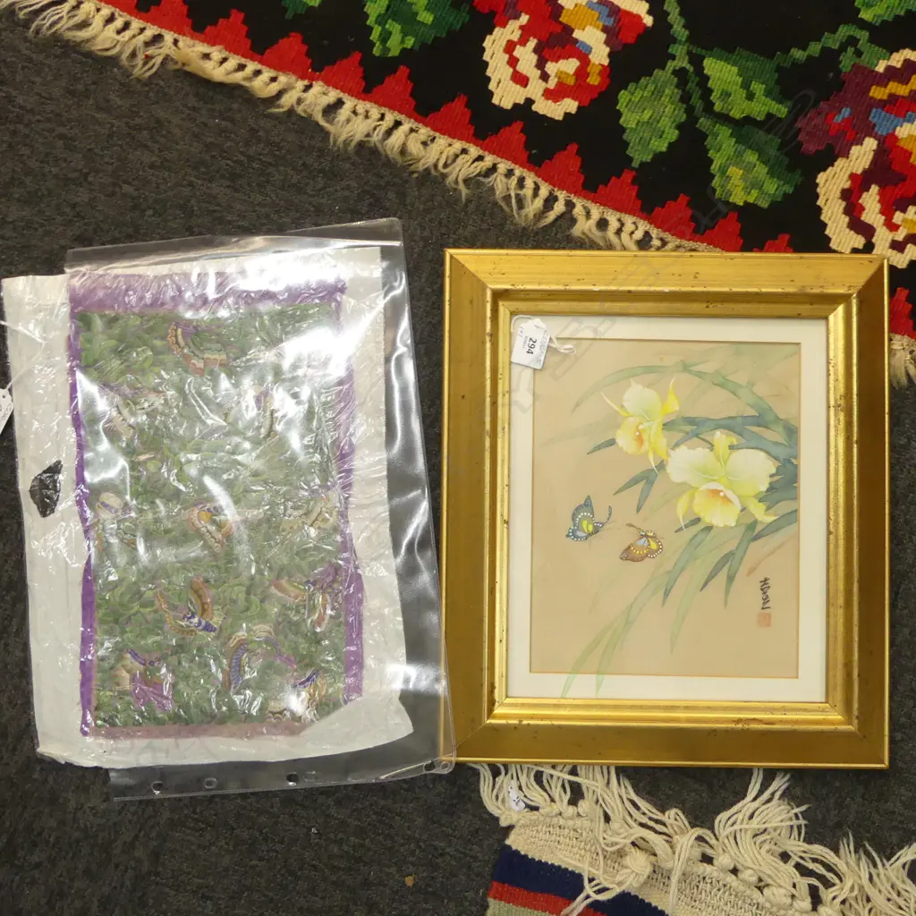 JAPANESE PAINTING on SILK, DAFFODILS & BUTTERFLIES 200 x 250mm & UNFRAMED SILK BUTTERLY EMBROIDERY 320 x 200mm Image 1++