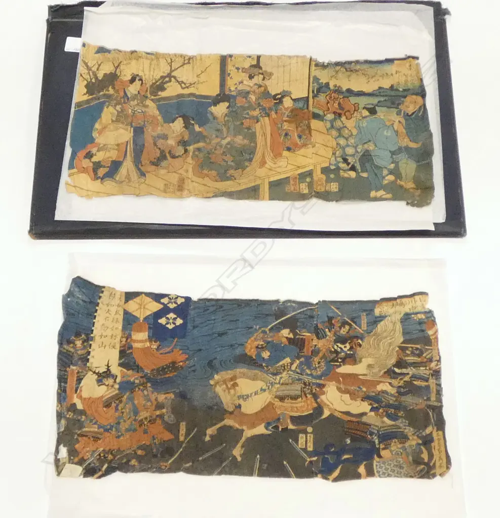 FOLIO 2 x VINTAGE JAPANESE WOODBLOCK PRINTS on FINE FABRIC 'Battle of Kawanakajima 1859' & OTHER 240 x 510mm (faults) Image 1++