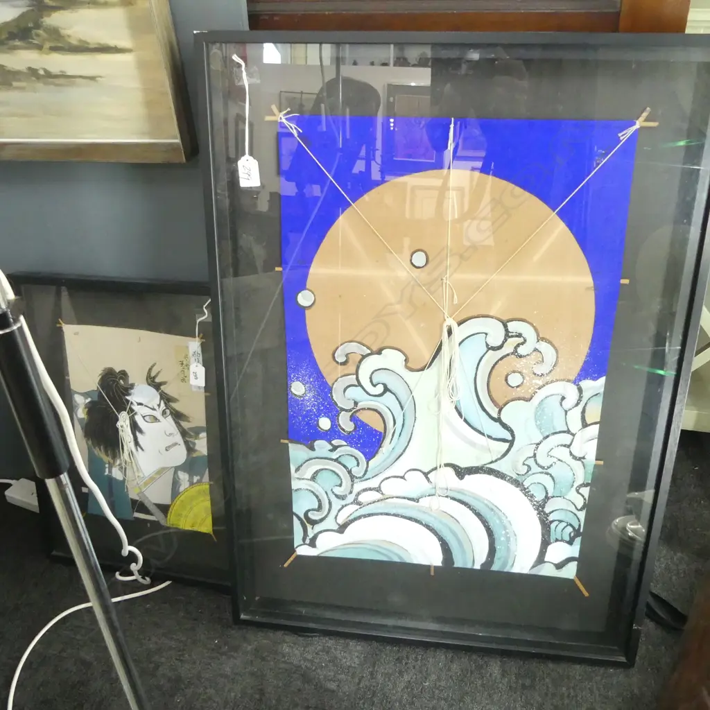 2 JAPANESE FRAMED HAND PAINTED KITES H610 L400MM & H340 L240MM Image 1++