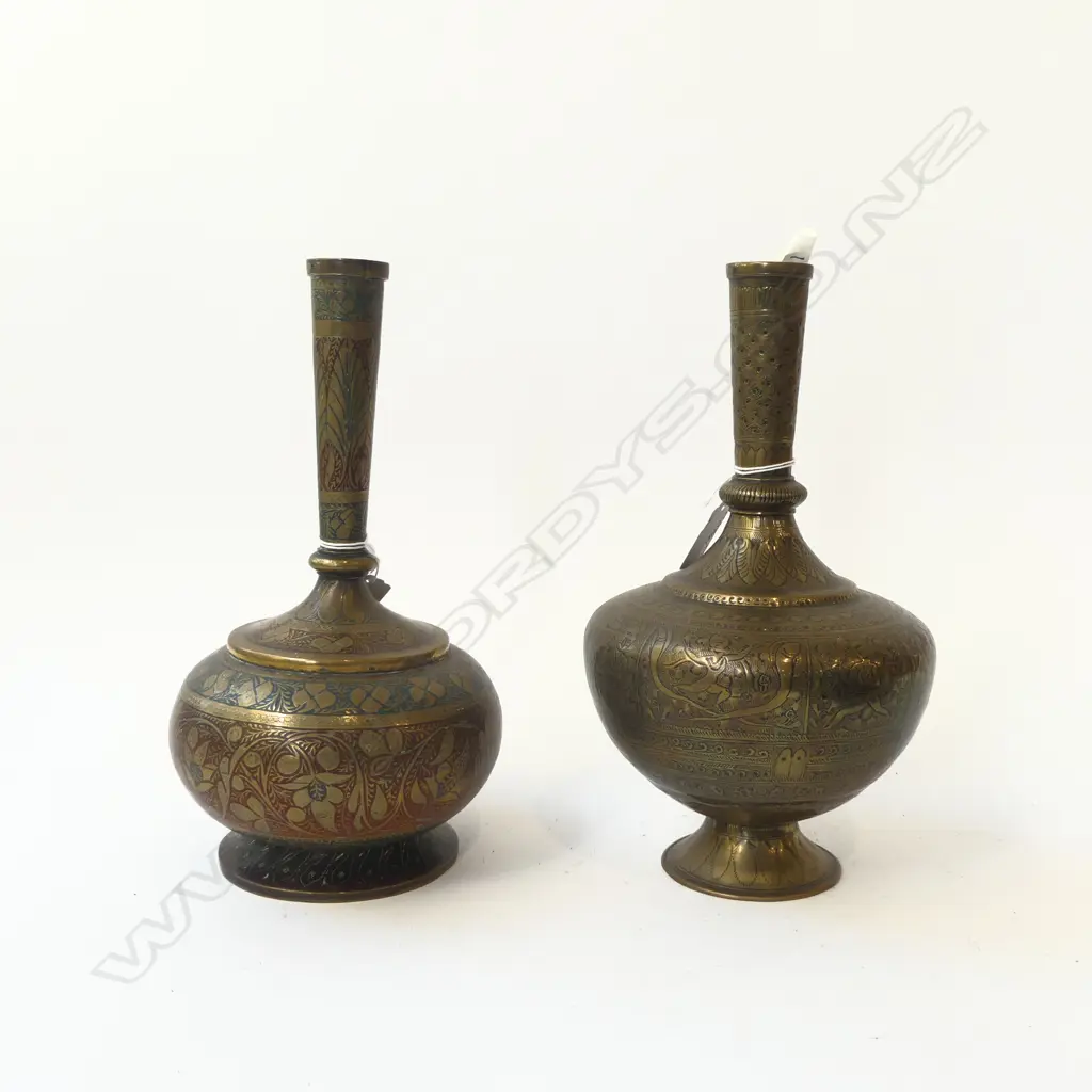 2 c1900 INDIAN BRASS SPECIMEN VASES Finely engraved H.250mm Image 1++