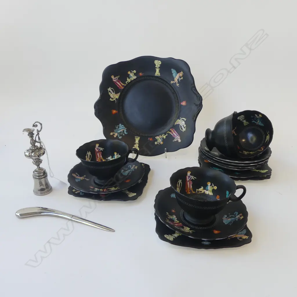 15 PCE BLACK ATLAS CHINA TEA SET + 2 SILVER METAL AMERICAS CUP PCES Image 1++